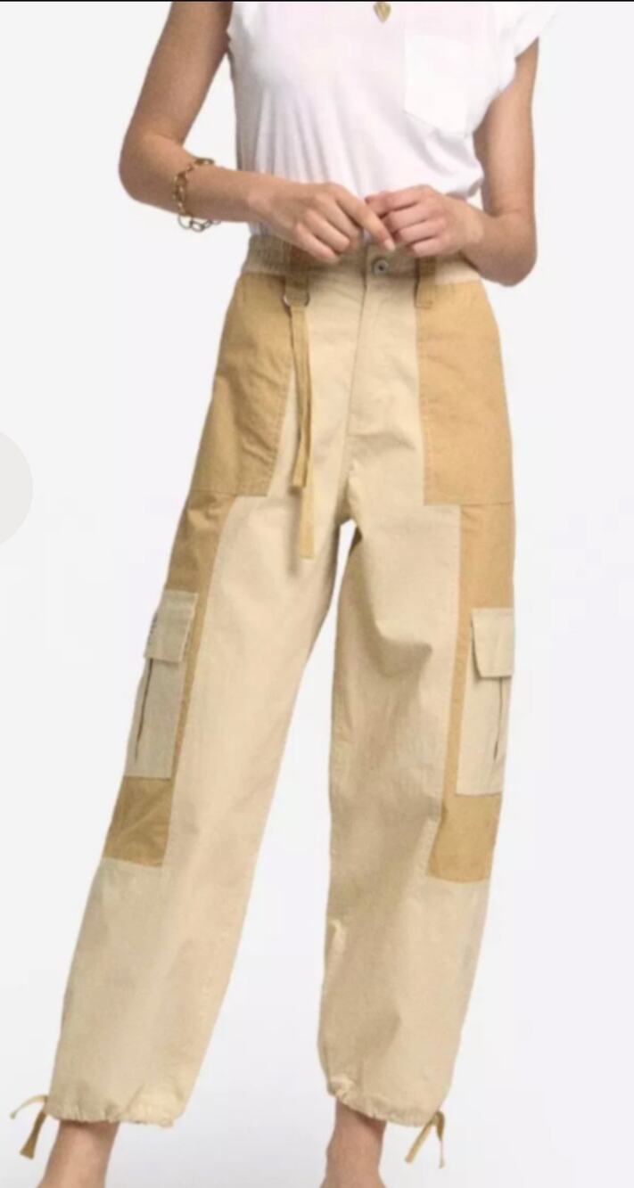 Ottod'ame Duna Cargo Pant Relax High Rise Two Tone Cream Tan Relax Sz 4